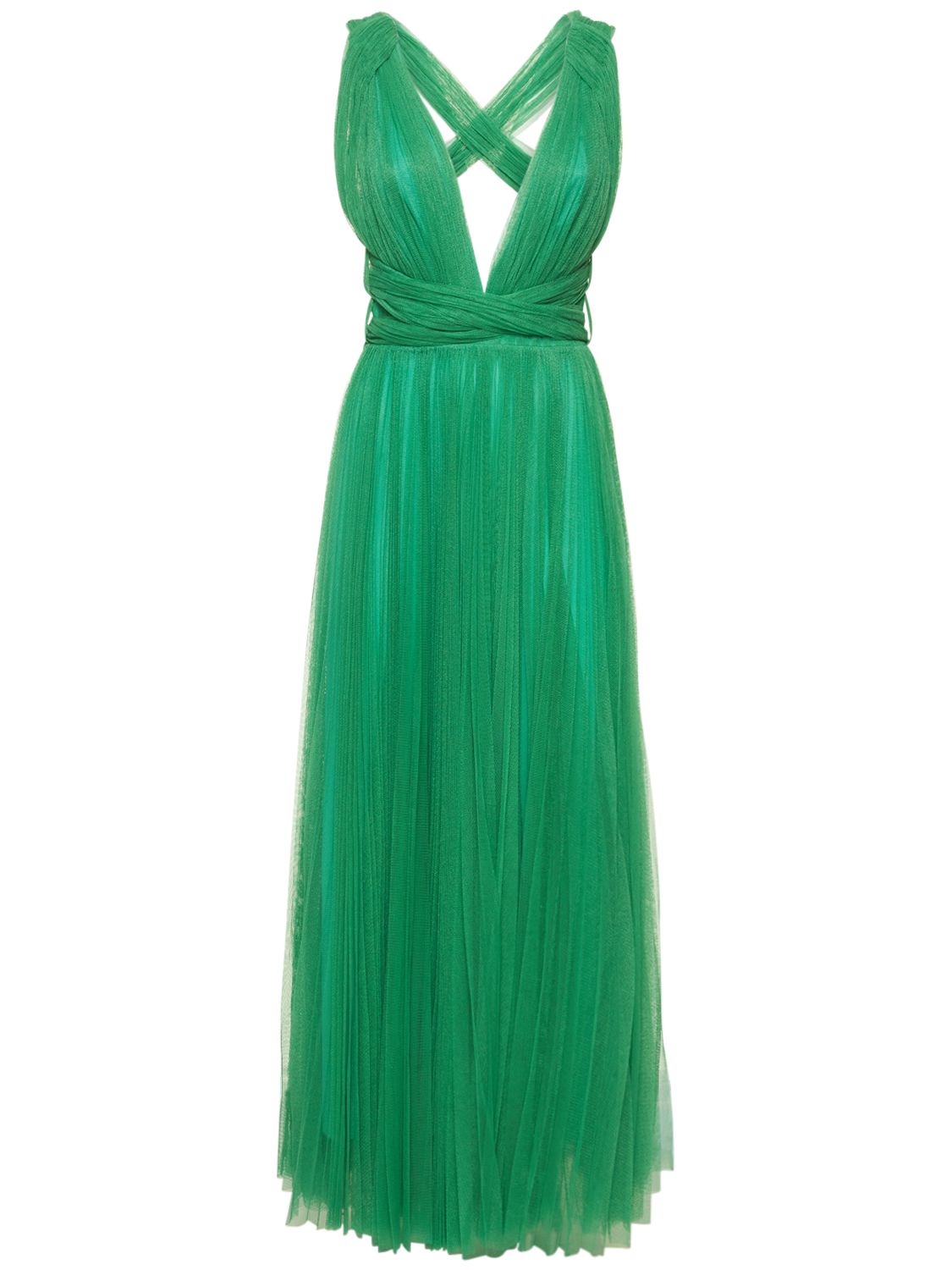 maria lucia hohan green pleated plunge midi dress Maria Lucia Hohan Pleated Tulle Midi Dress W/ Low Back In Green