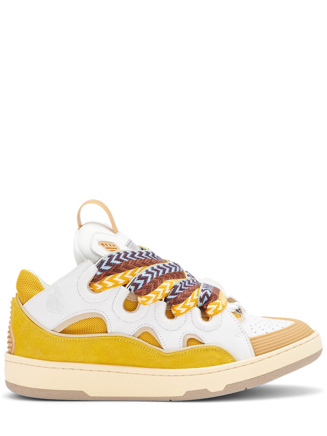 Lanvin 30mm Curb Leather & Mesh Sneakers In White,yellow