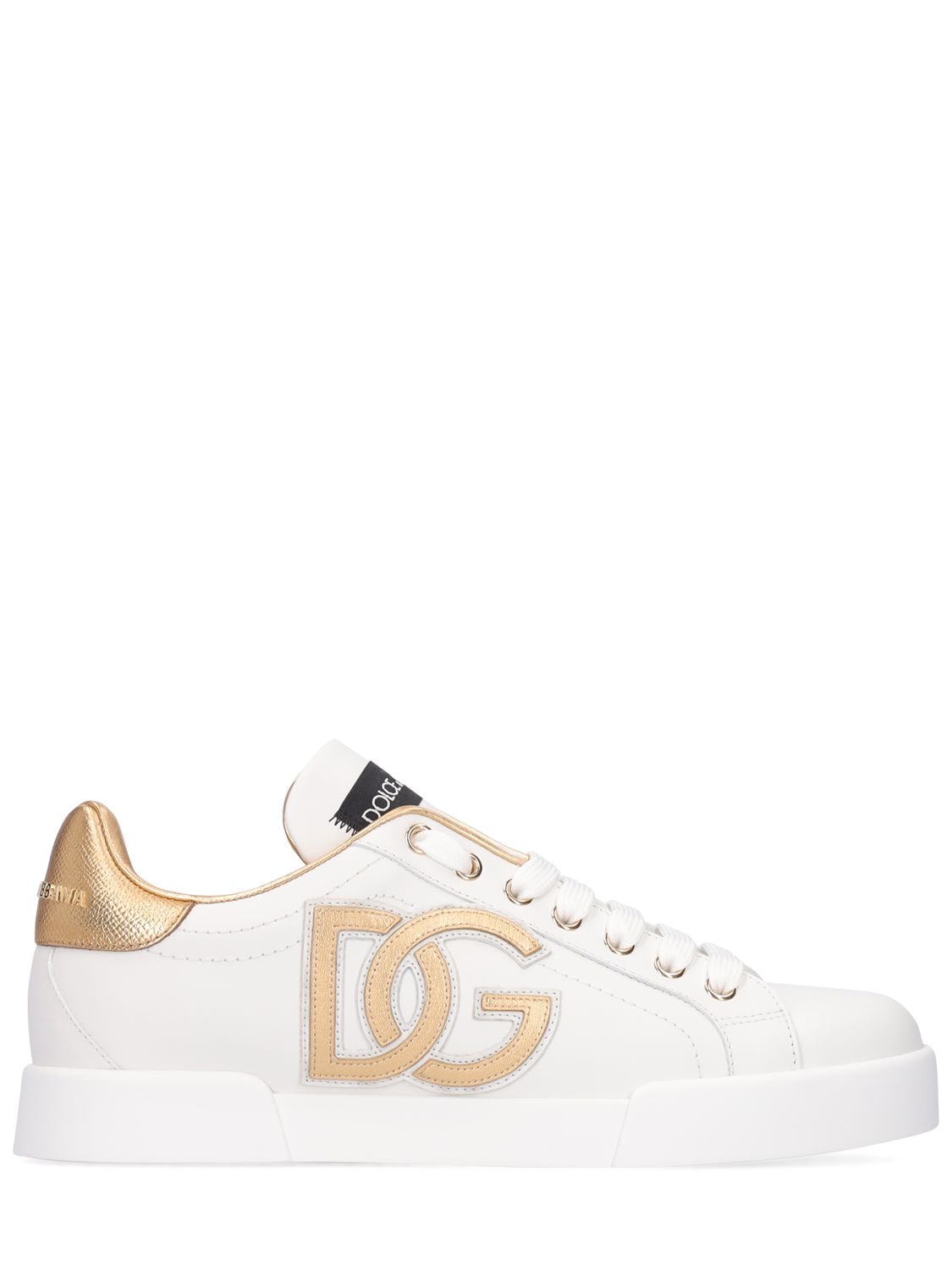 Shop Dolce & Gabbana 20mm Portofino Leather Sneakers In White,gold
