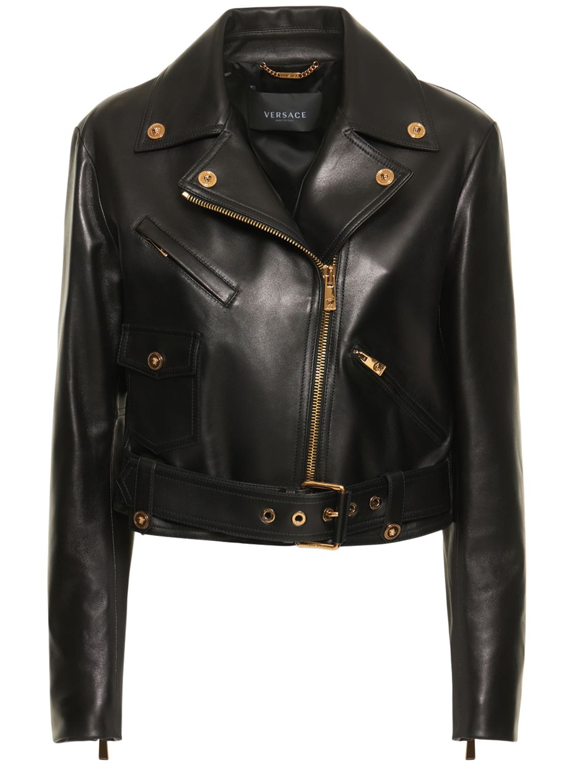 Versace Medusa Embellished Leather Biker Jacket In Black | ModeSens