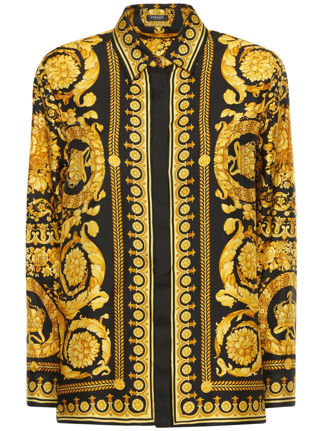 Shop Versace Barocco Printed Silk Twill Shirt In Gold,black
