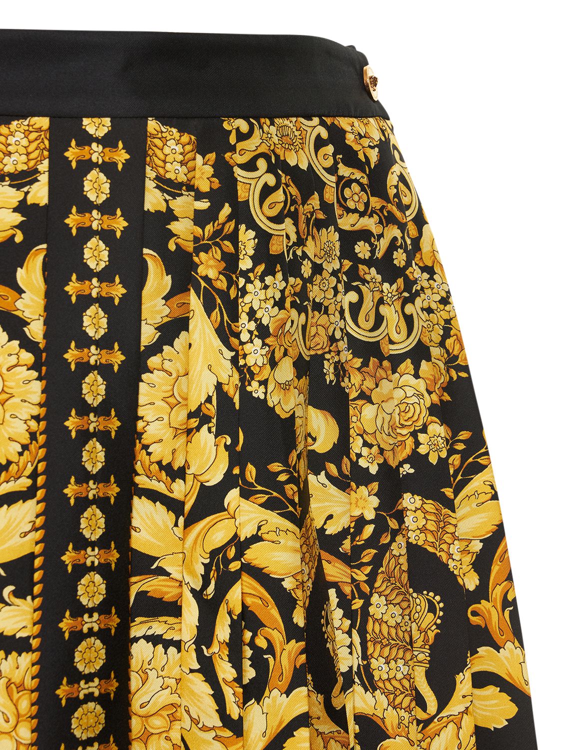 Shop Versace Barocco Printed Pleated Silk Mini Skirt In Gold,black