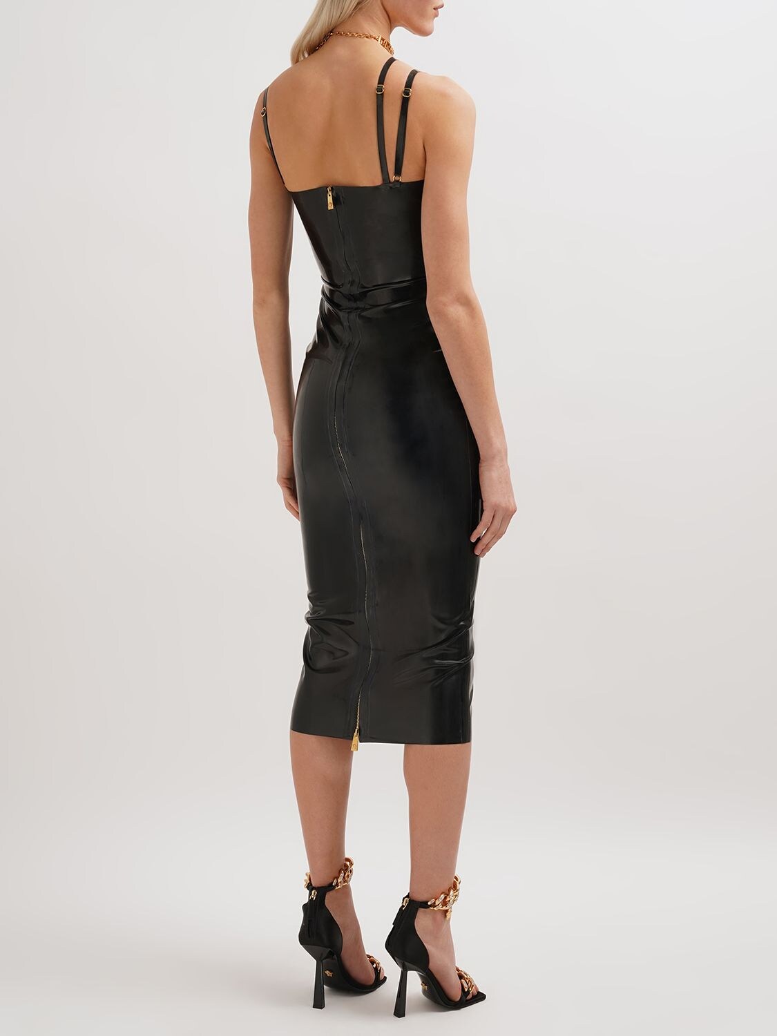 Versace Latex Midi Dress W/ Crossed Straps In Black | ModeSens