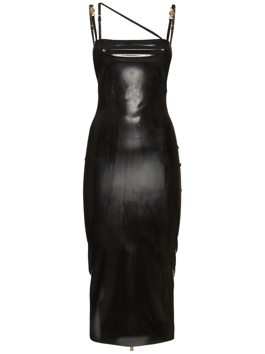 Versace Latex Midi Dress W/ Crossed Straps In Black