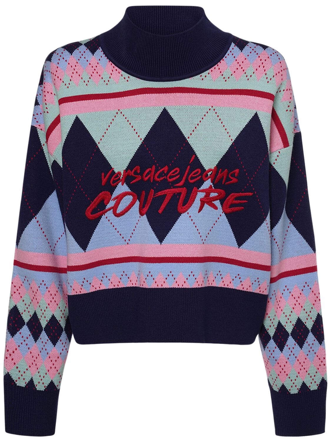 VERSACE JEANS COUTURE ARGYLE KNIT WOOL BLEND SWEATER