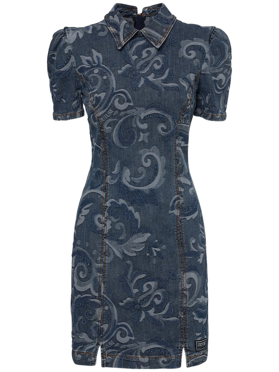 VERSACE JEANS COUTURE JACQUARD DENIM MINI DRESS W/ COLLAR