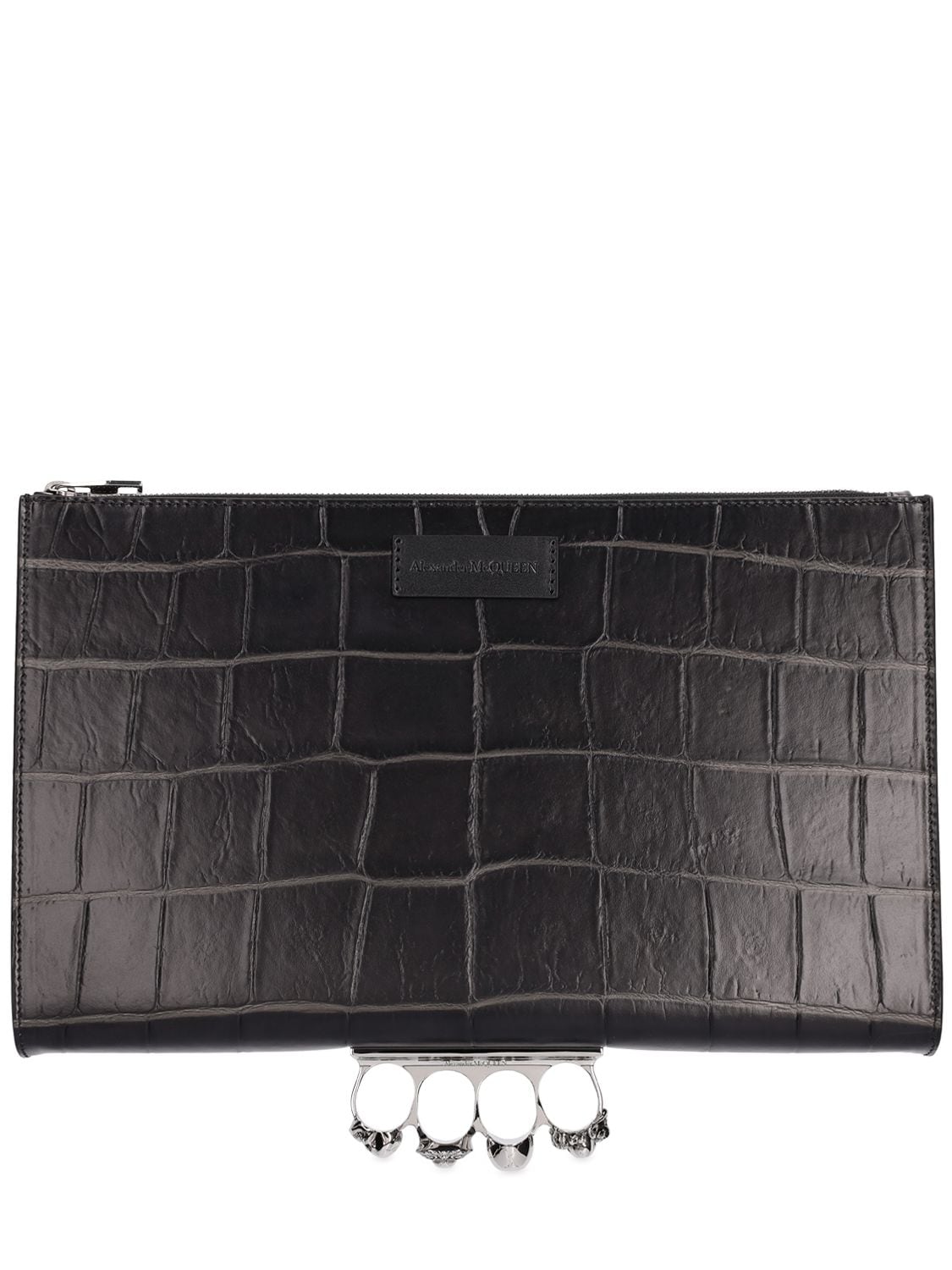 ALEXANDER MCQUEEN Four-ring Croc Print Leather Zip Pouch