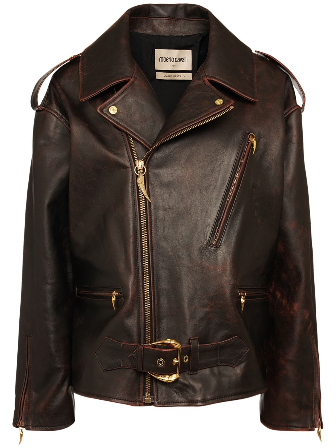 Roberto Cavalli Oversize Brushed Leather Biker Jacket Bordeaux