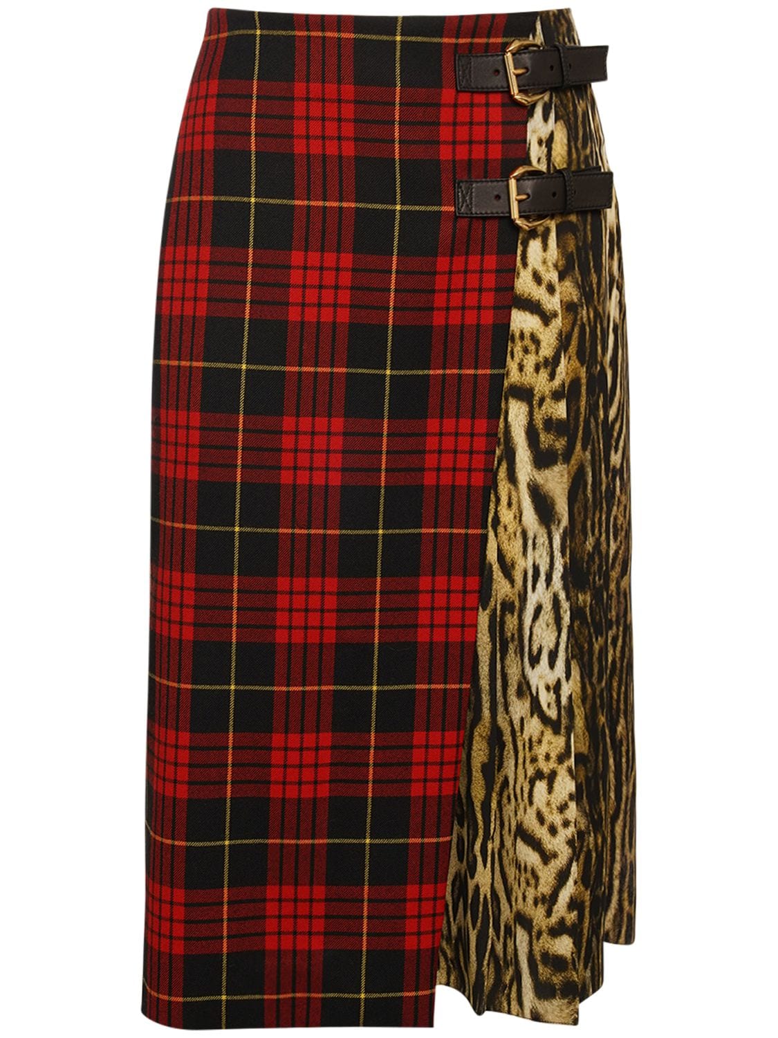 Tartan & Leopard Print Wool Midi Skirt