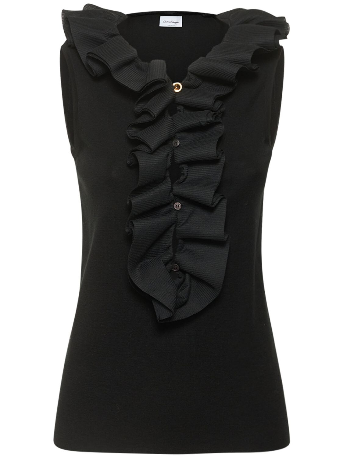 Ferragamo Ruffle Virgin Wool Top In Black