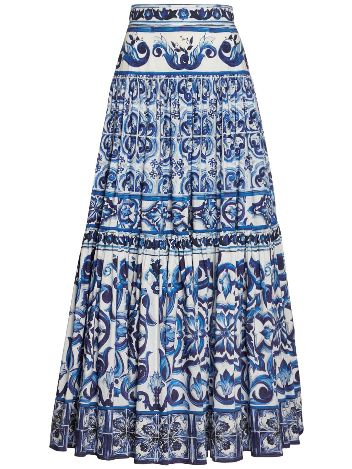 Dolce & Gabbana Maiolica Tiered Printed Cotton-poplin Maxi Skirt In Blue,white