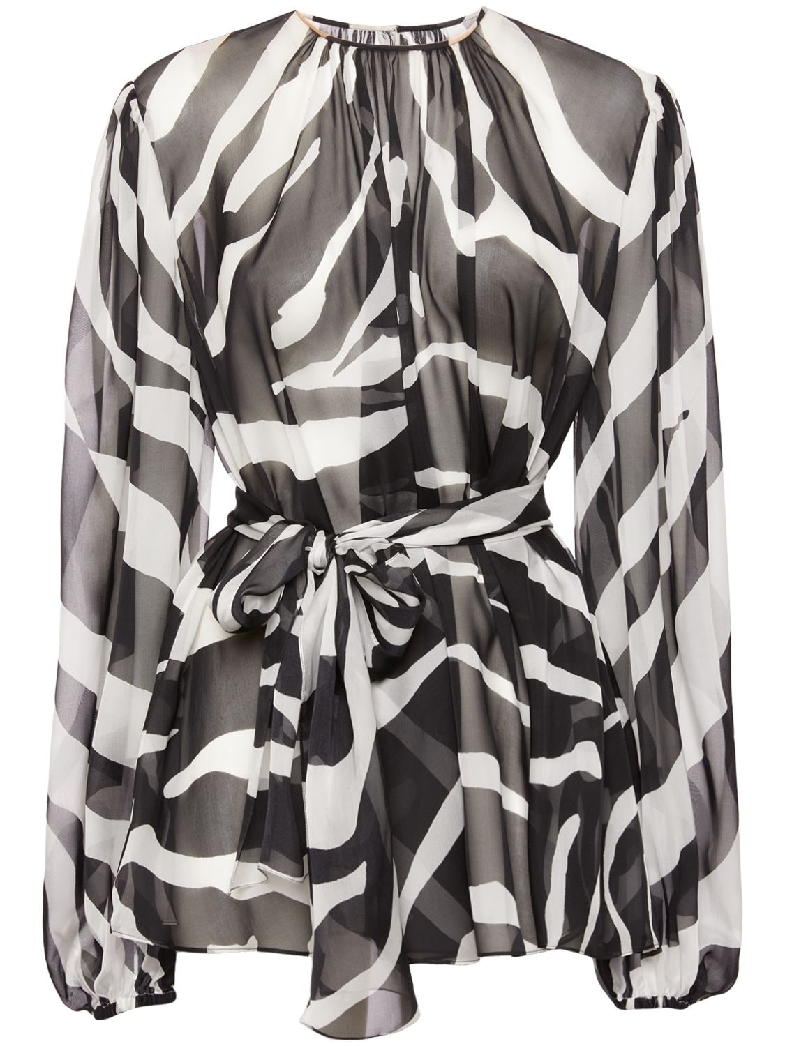 Dolce & Gabbana Belted Gathered Zebra-print Chiffon Blouse In Black,white