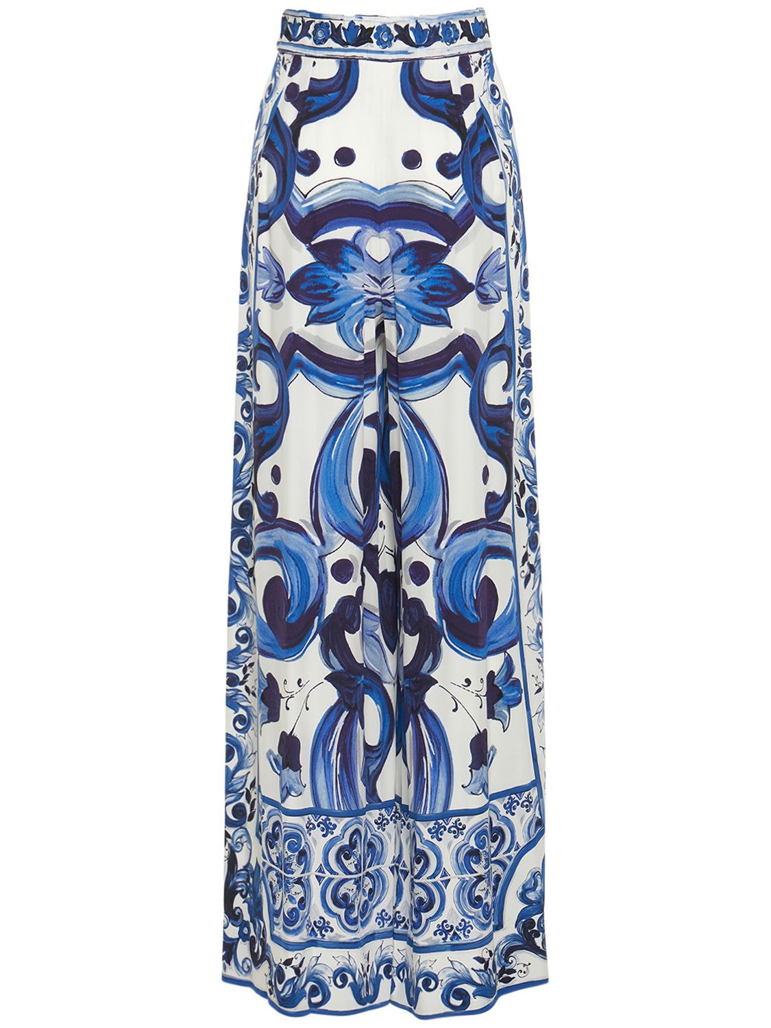 Shop Dolce & Gabbana Printed Silk Charmeuse Wide Leg Pants In Blue,white