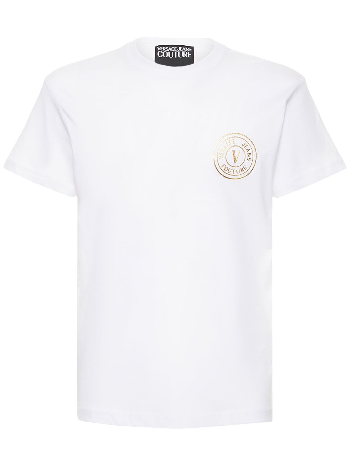 Versace Jeans Couture V-emblem Cotton Jersey T-shirt In White,gold