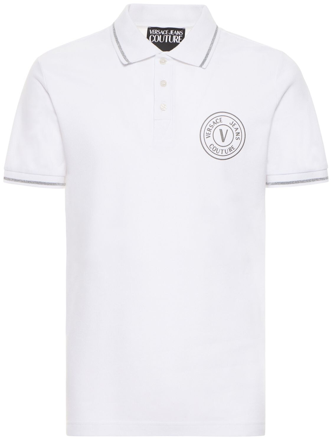 Versace Jeans Couture V-emblem Cotton Piquet Polo In White,silver ...