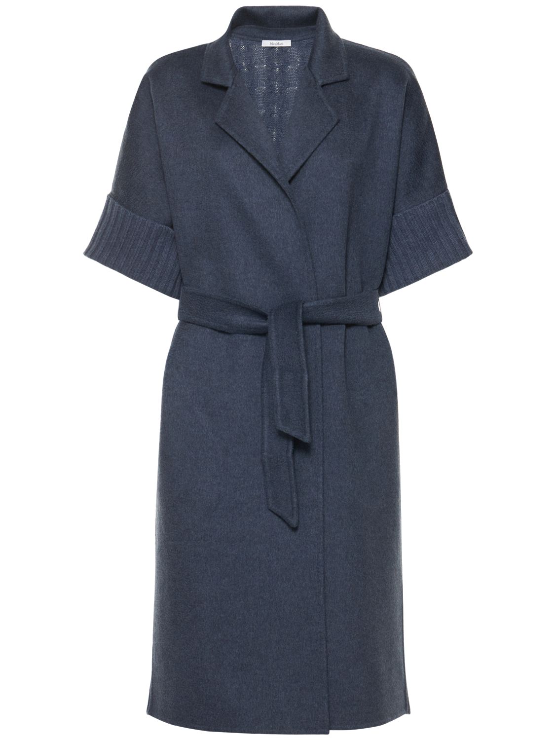 Max Mara Cesy Blue Long Coat With Knitted Inserts In Blue Jeans