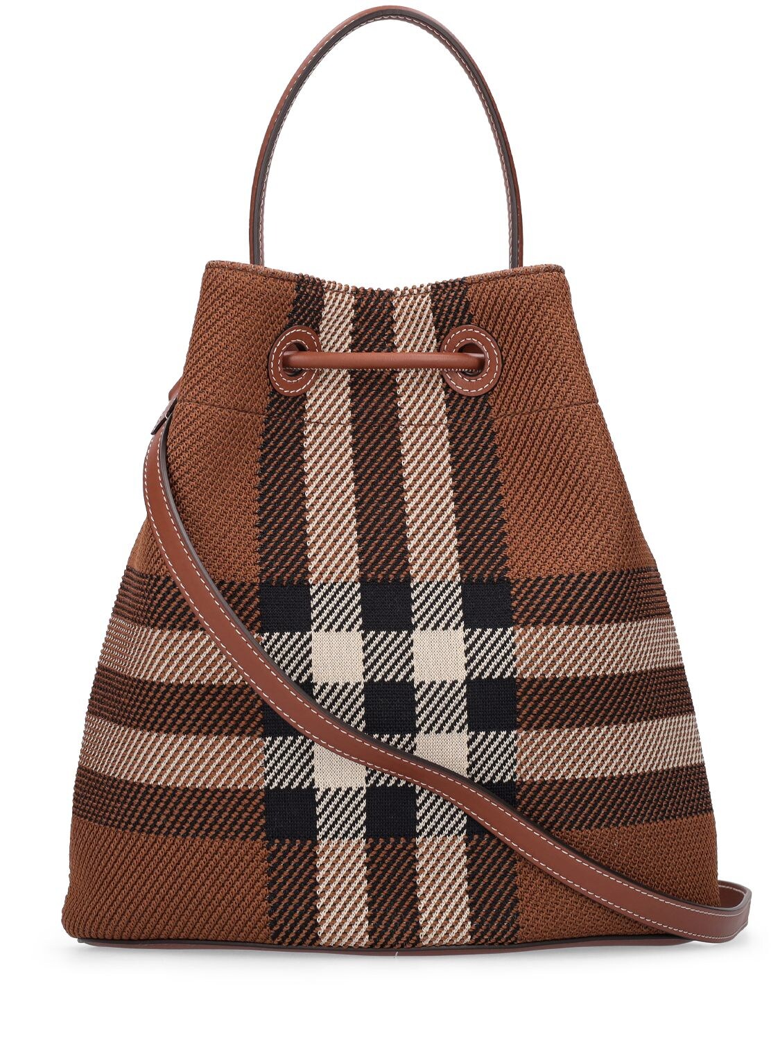 Burberry Small Check Knit Drawstring Bucket Bag