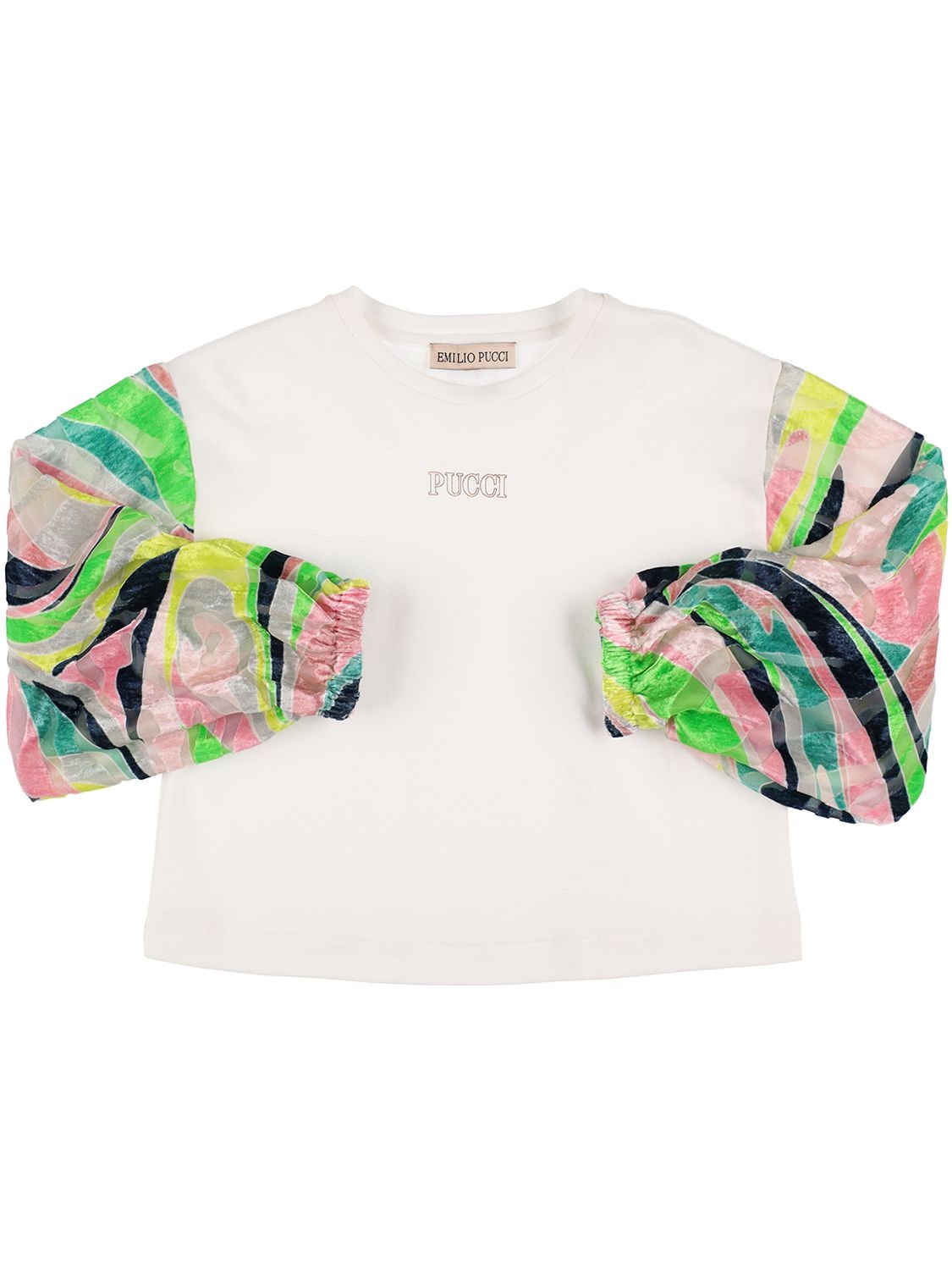 Emilio Pucci Kids' Cotton Jersey T-shirt W/ Velvet Sleeves In White