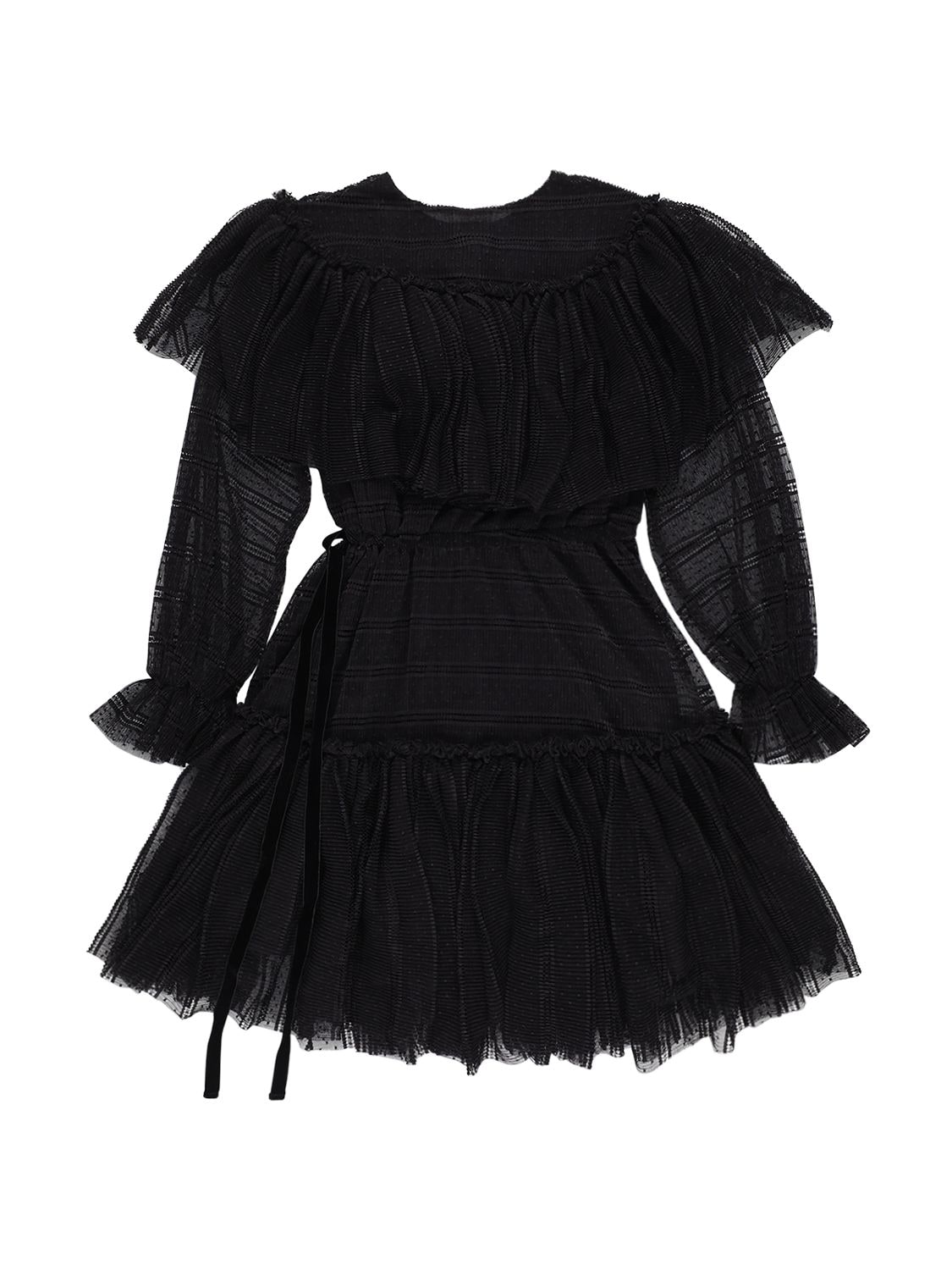 Unlabel Kids' Perforated Tulle Midi Dress W/ Ruffles In Black