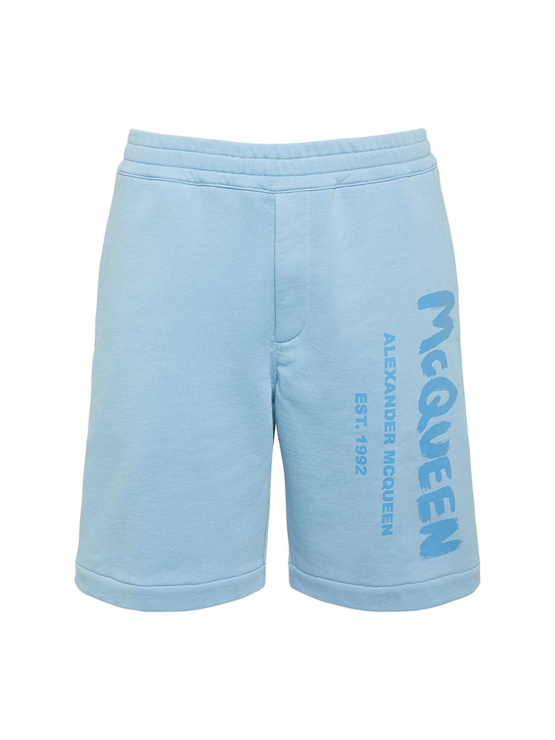 Alexander Mcqueen Bermuda Shorts With Graffiti Logo Print In Sky Blue