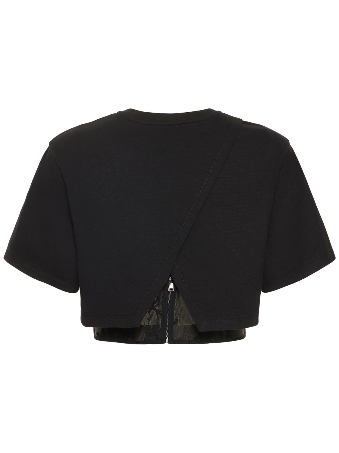 Shop Alexander Mcqueen Cropped Lace Panel Cotton T-shirt In Black