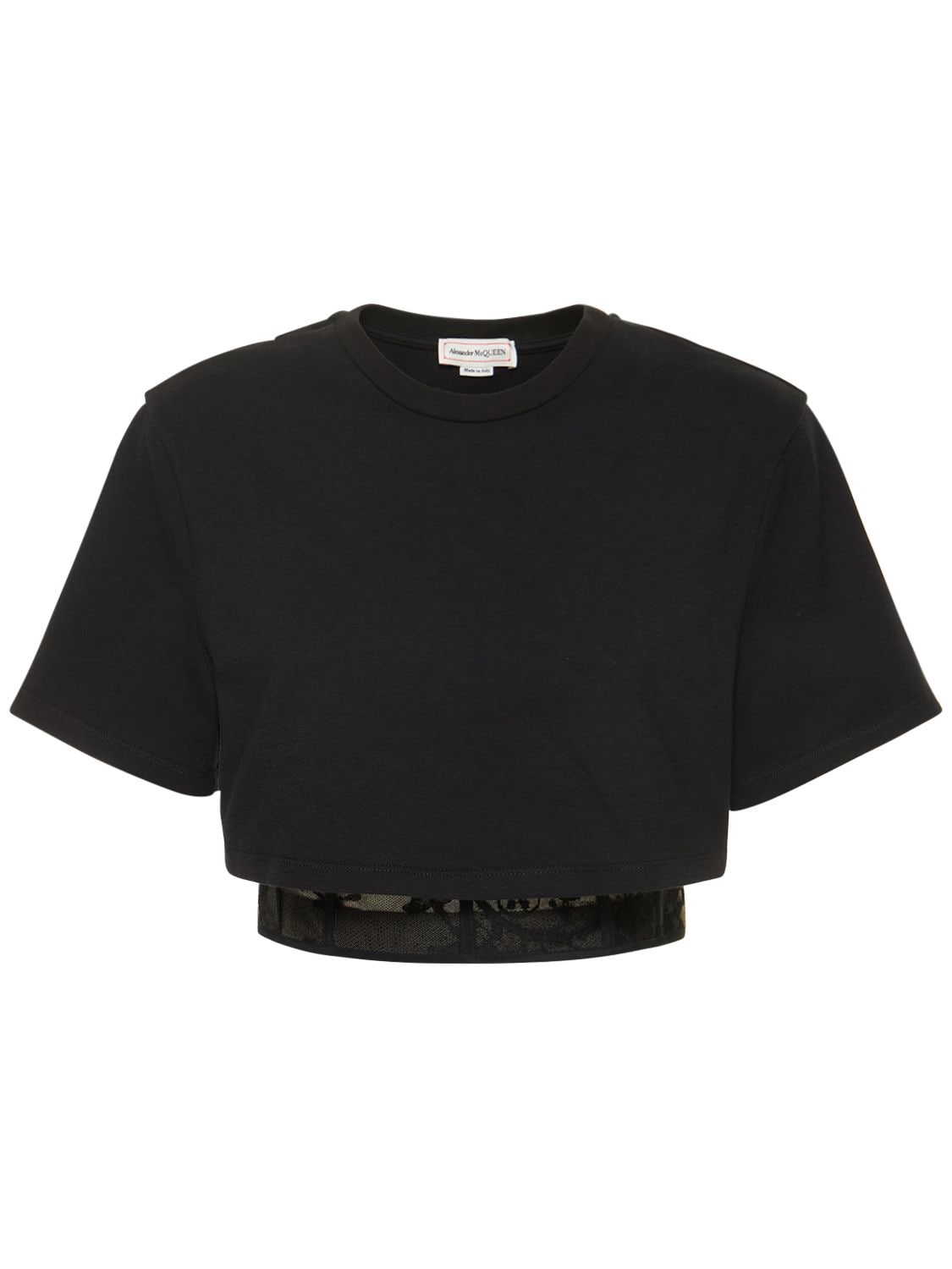 Alexander Mcqueen Cropped Lace Panel Cotton T-shirt In Black