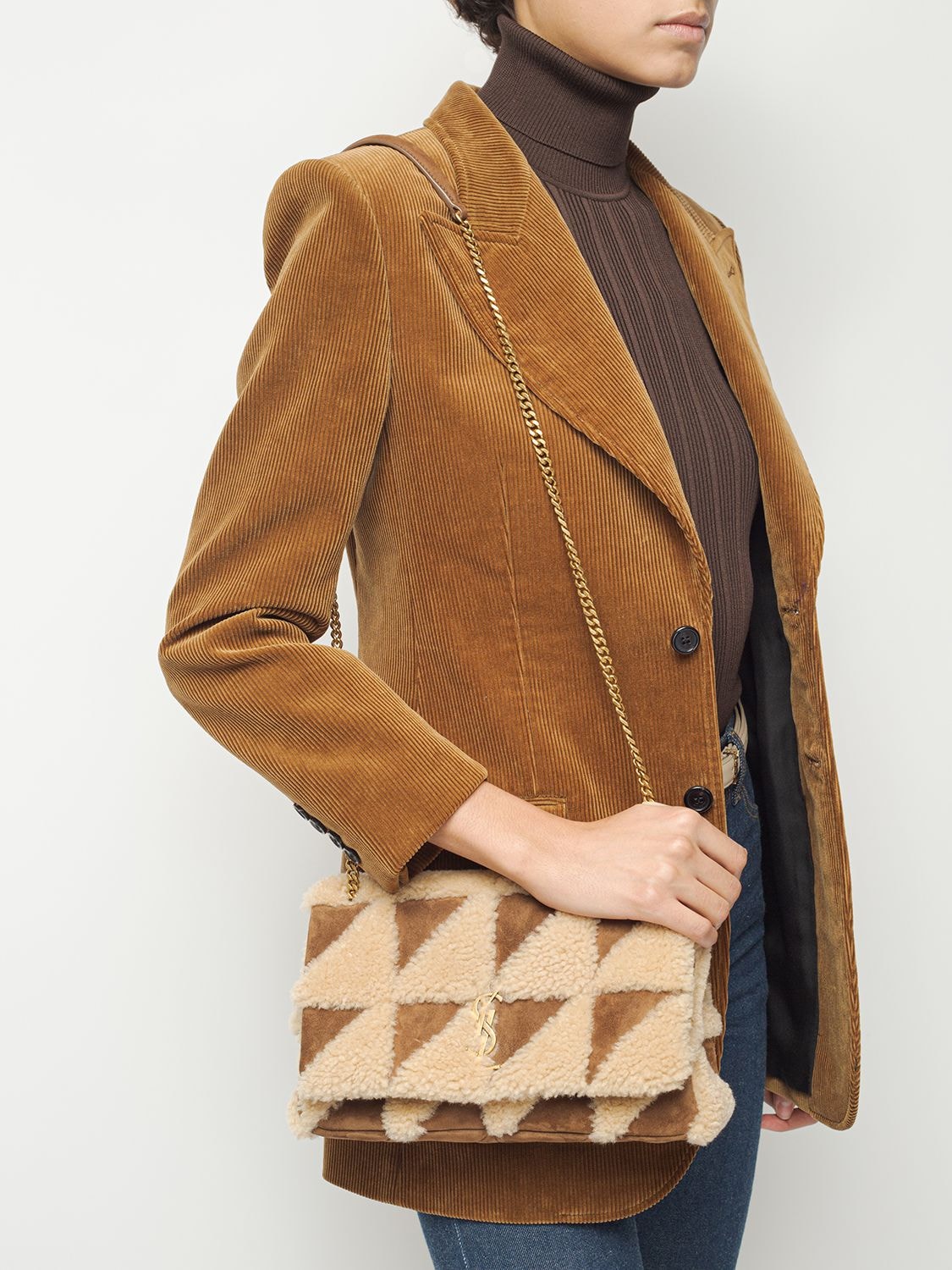 Shop Saint Laurent Medium Jamie Shearling Shoulder Bag In Natural