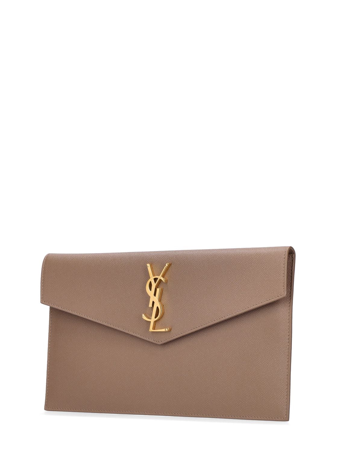 Shop Saint Laurent Uptown Leather Envelope Clutch In Taupe
