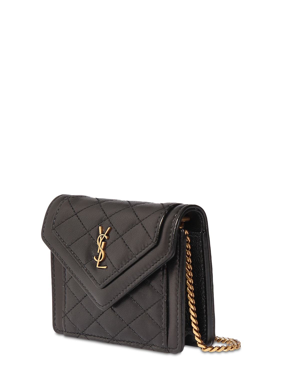 Yves Saint Laurent Gaby Compact Tri Fold Small Quilted Leather Wallet Black