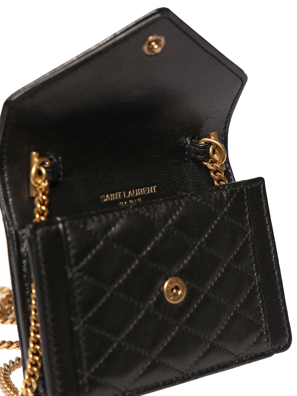 Shop Saint Laurent Gaby Micro Leather Chain Wallet In Black