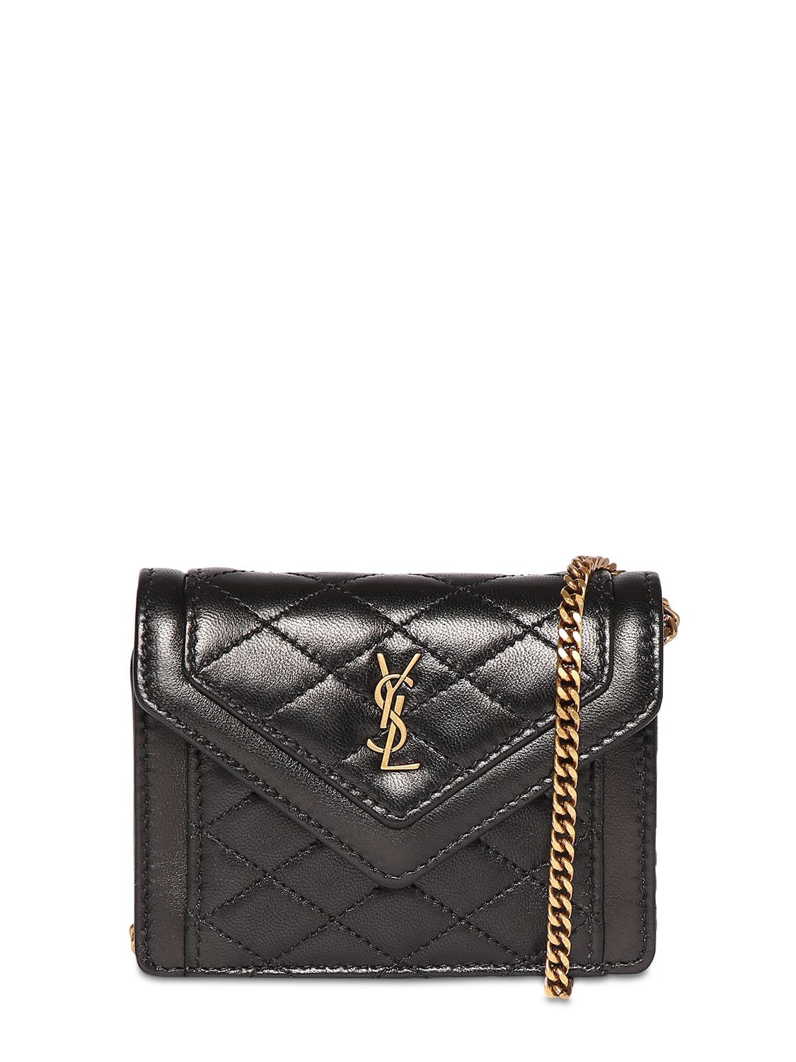 Saint Laurent Gaby Micro Leather Chain Wallet In Black