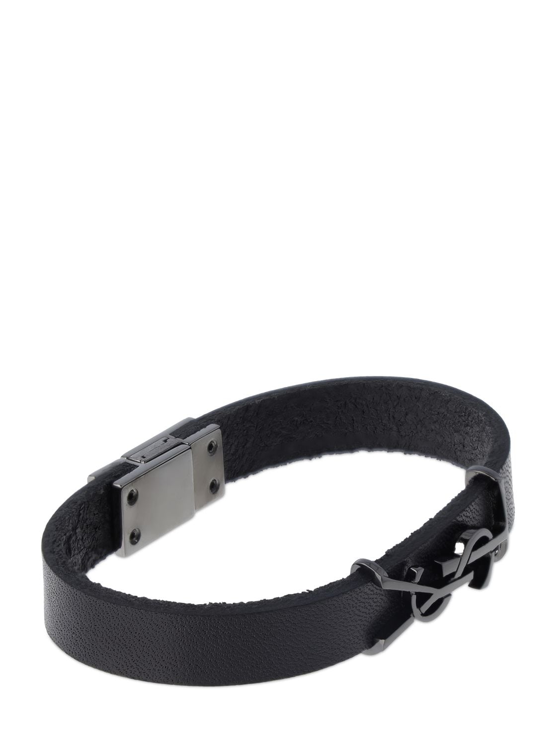 Shop Saint Laurent Ysl Leather Bracelet In 블랙