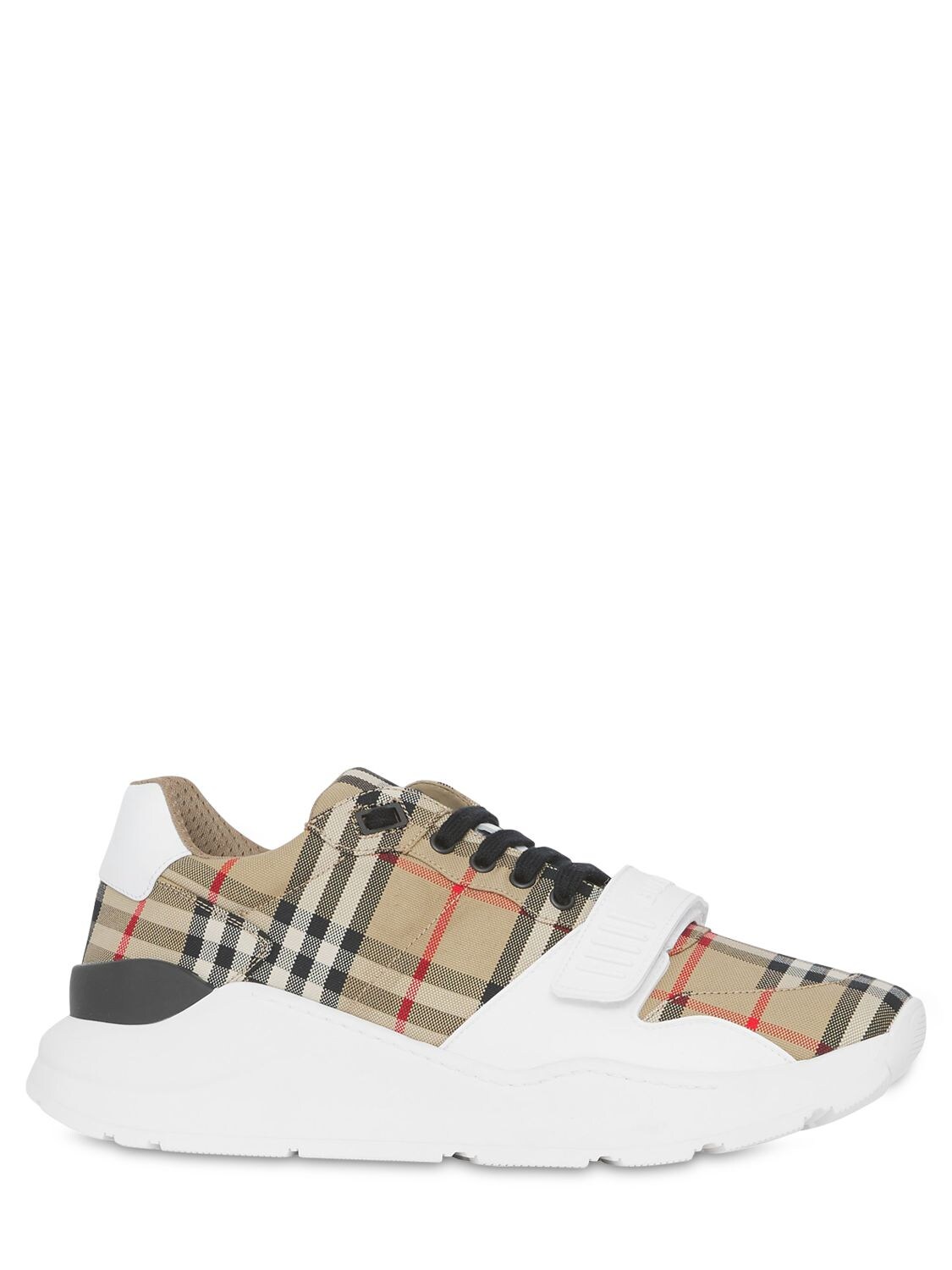 Shop Burberry 30mm New Regis Check Canvas Sneakers In White,multi