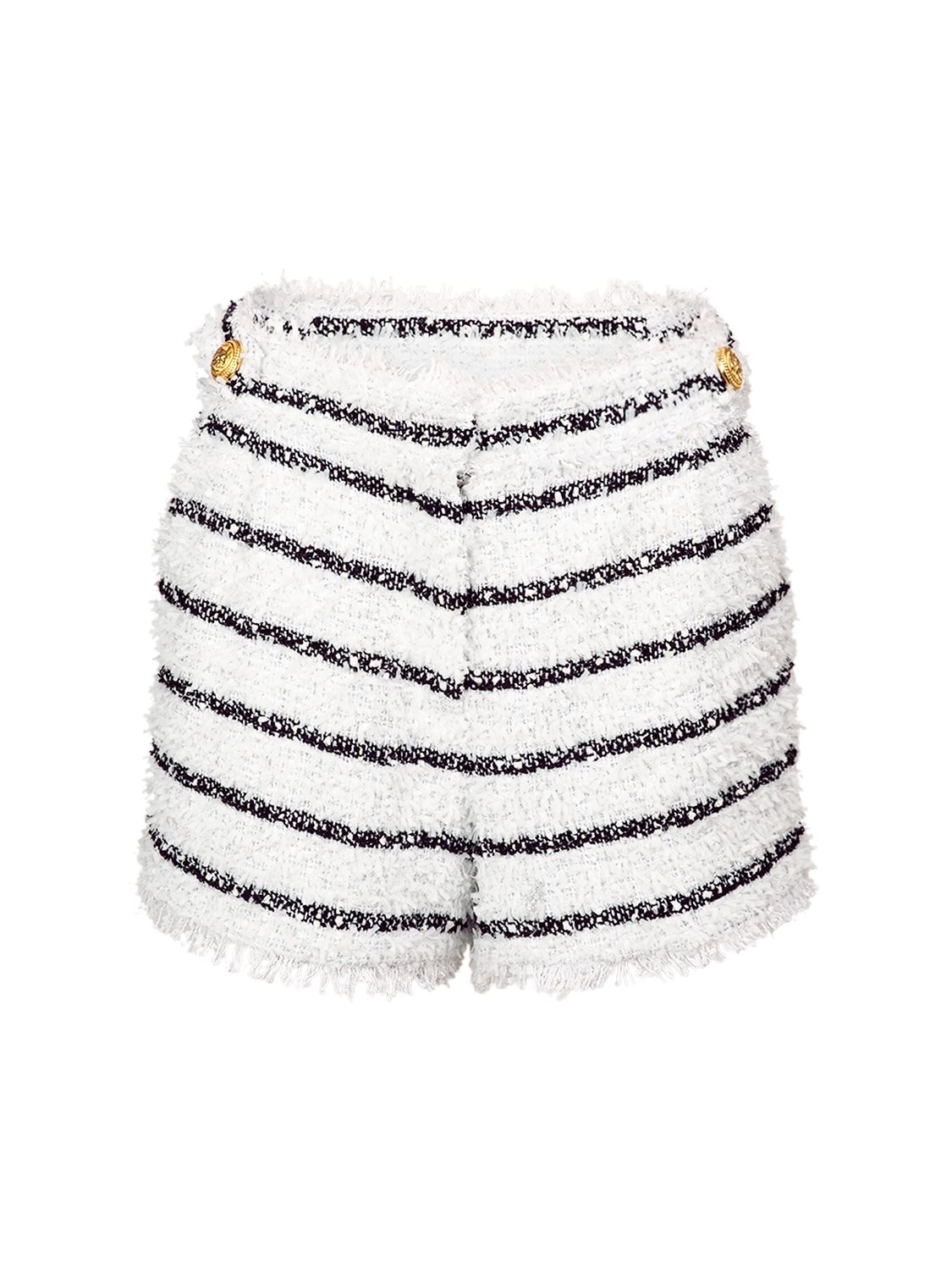 Balmain High Waist Button Accent Striped Tweed Shorts In Black,white
