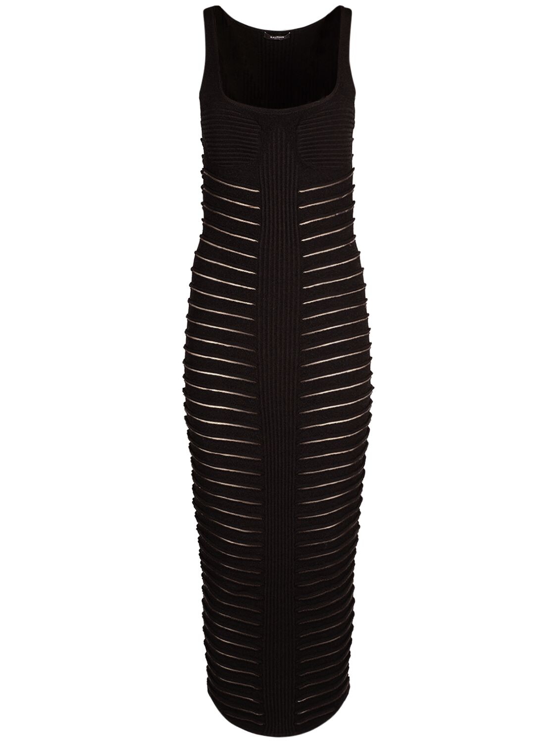 BALMAIN VISCOSE BLEND RIB KNIT CUTOUT LONG DRESS