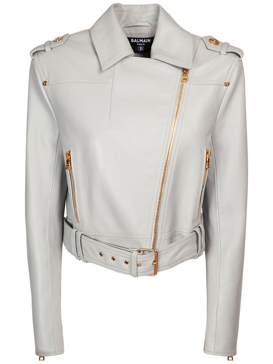 Balmain Cropped Leather Biker Jacket In Light Grey | ModeSens