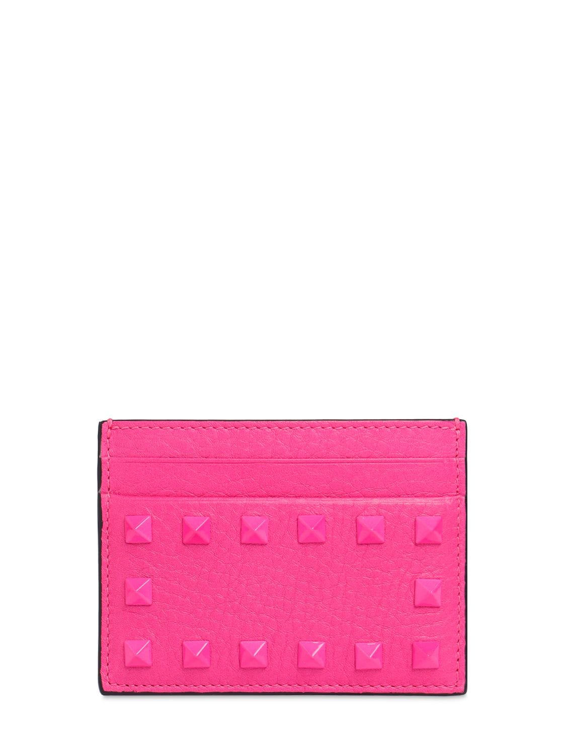 Valentino Garavani Rockstud Leather Card Holder In Uwt Pink Pp