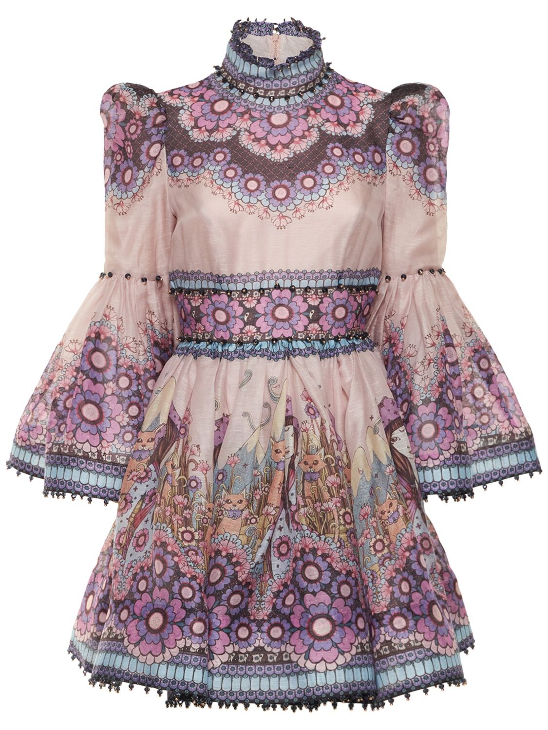 ZIMMERMANN CELESTIAL PRINT SILK & LINEN MINI DRESS