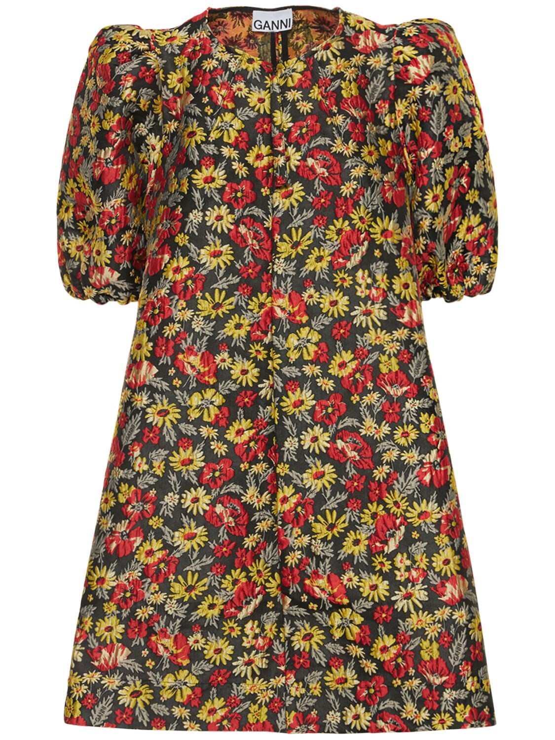 Jacquard Puff Sleeve Zip Mini Dress