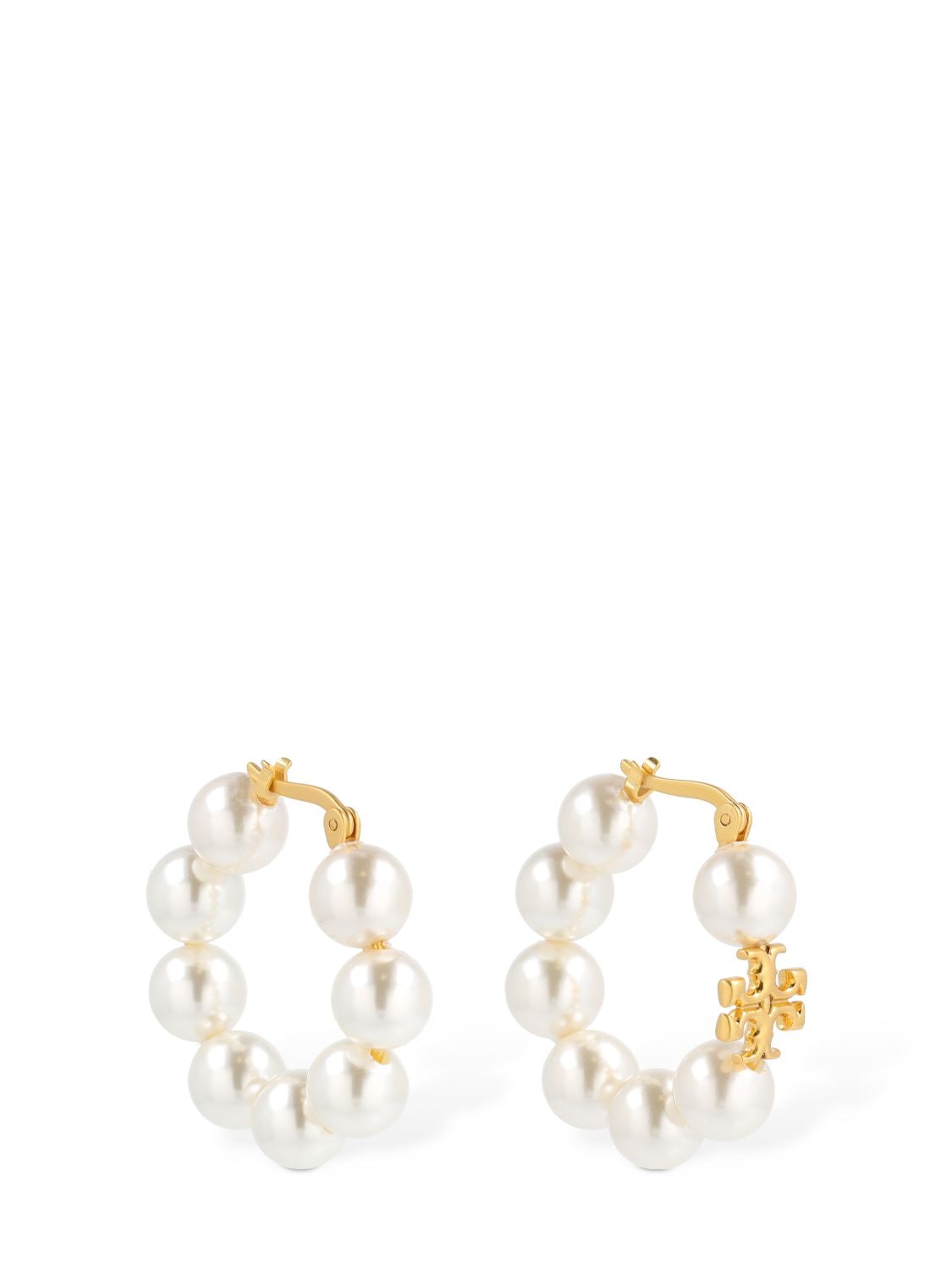 Tory Burch Kira Faux Pearl Hoop Earrings In White,gold | ModeSens