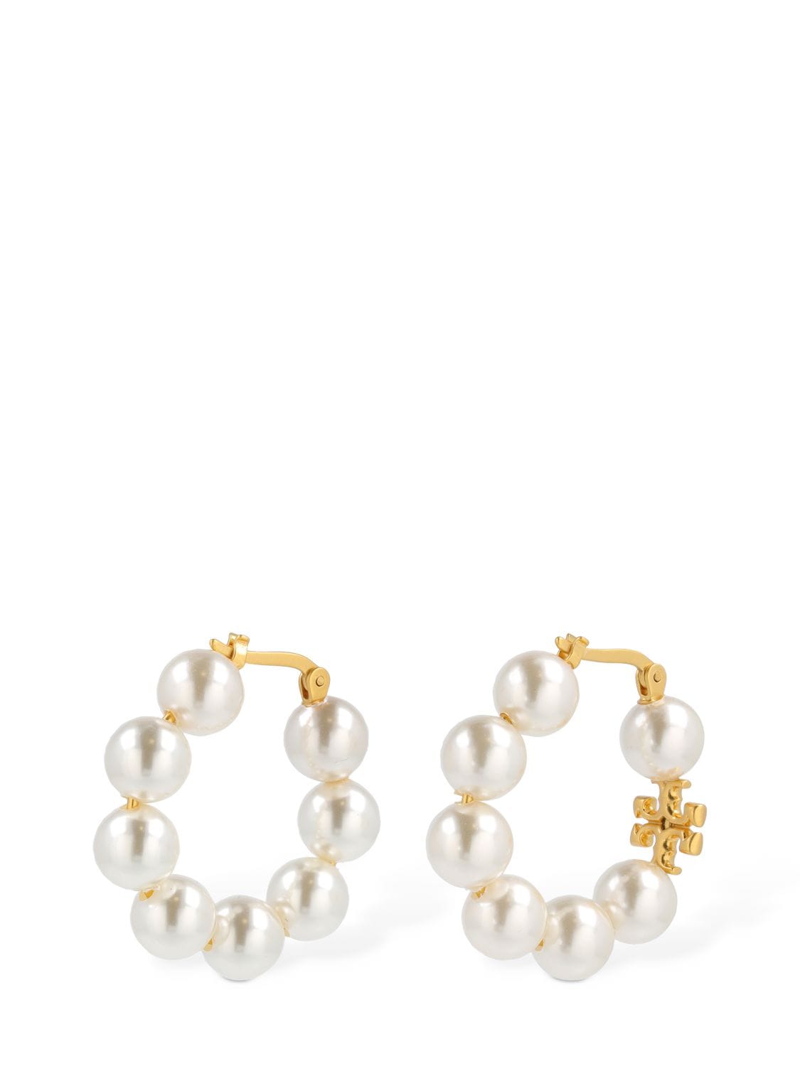 Shop Tory Burch Kira Faux Pearl Hoop Earrings In White,gold