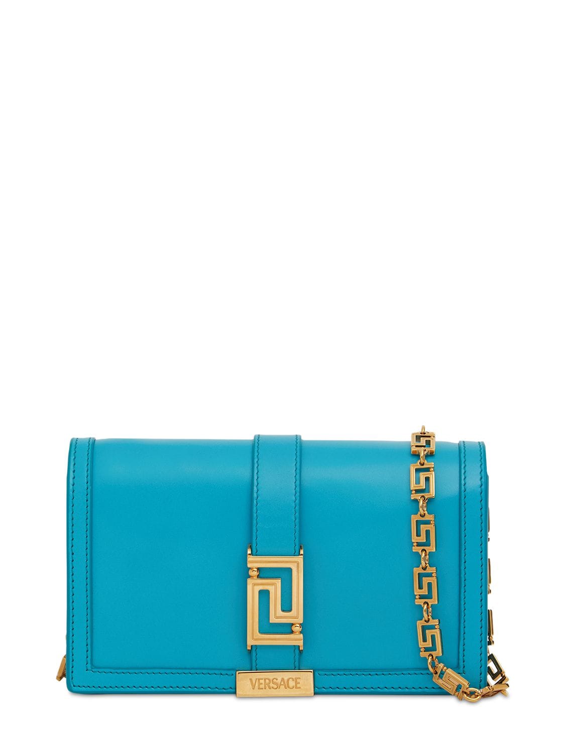 Versace Greca Goddess Leather Wallet On Chain In Teal