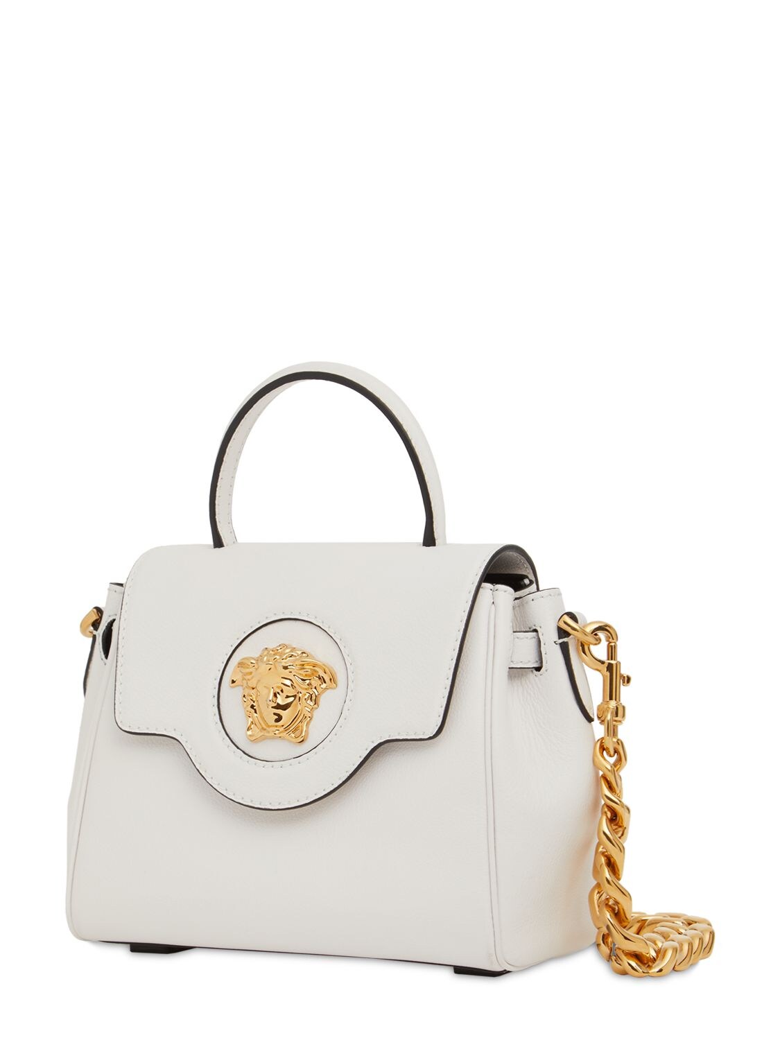 Shop Versace Small Medusa Leather Top Handle Bag In White