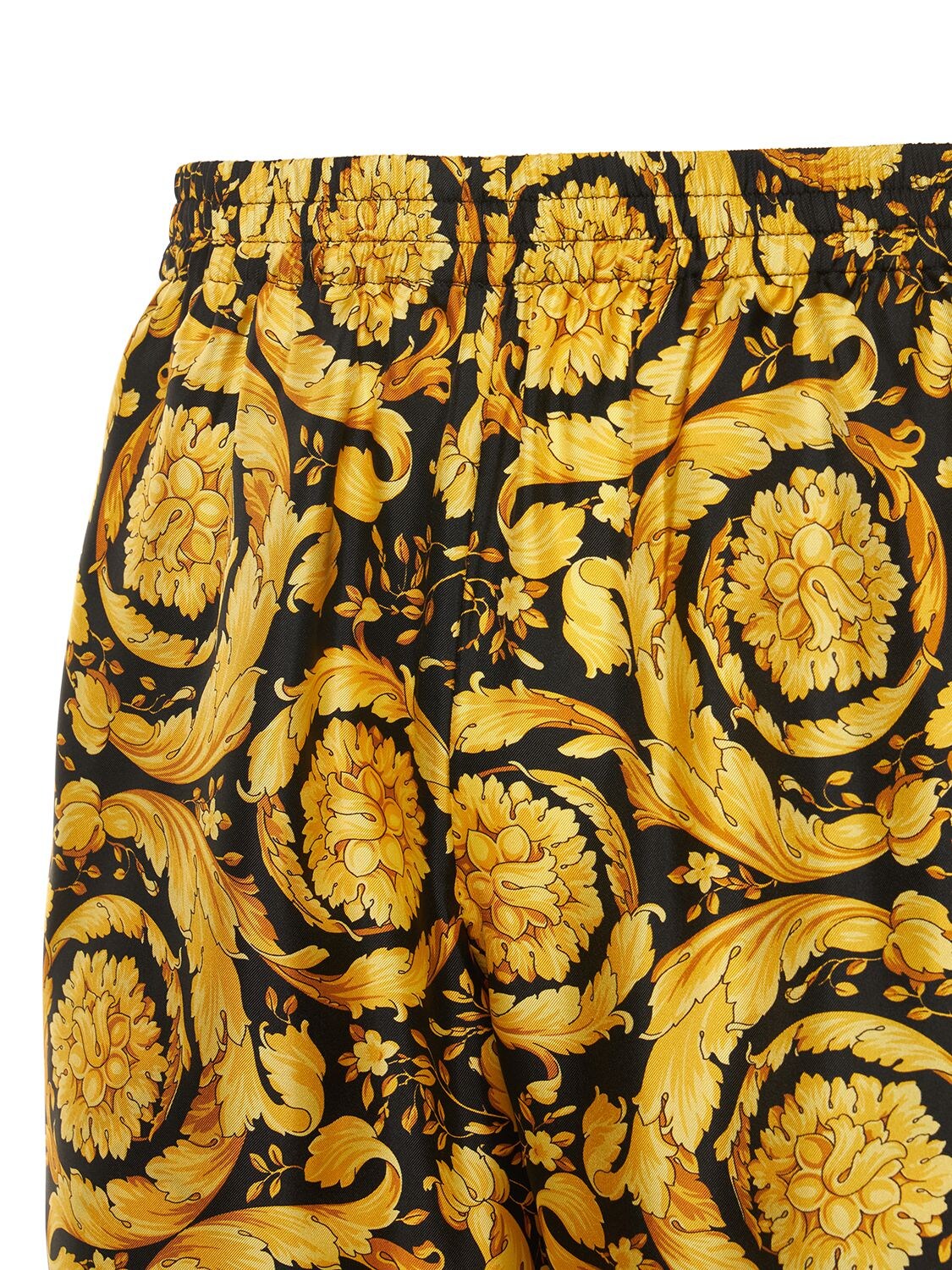 Shop Versace Baroque Print Silk Twill Pants In Black,gold
