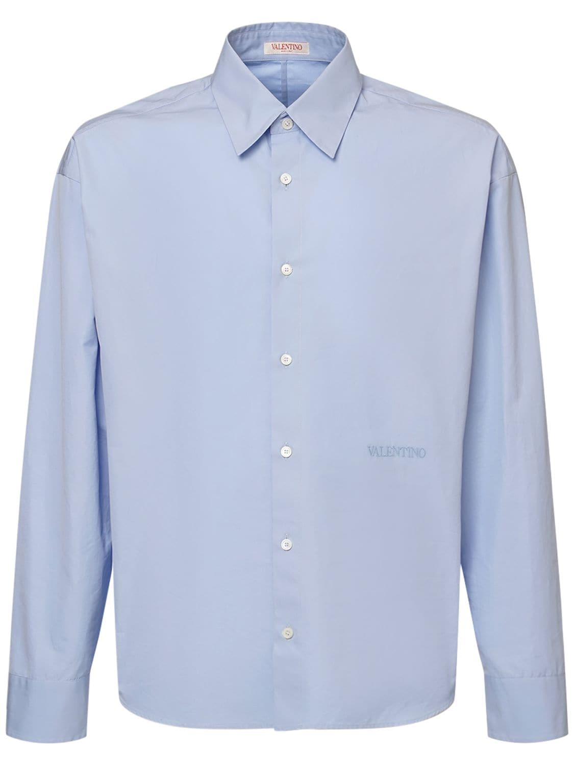 Valentino Logo Embroidery Cotton Poplin Shirt In Light Blue