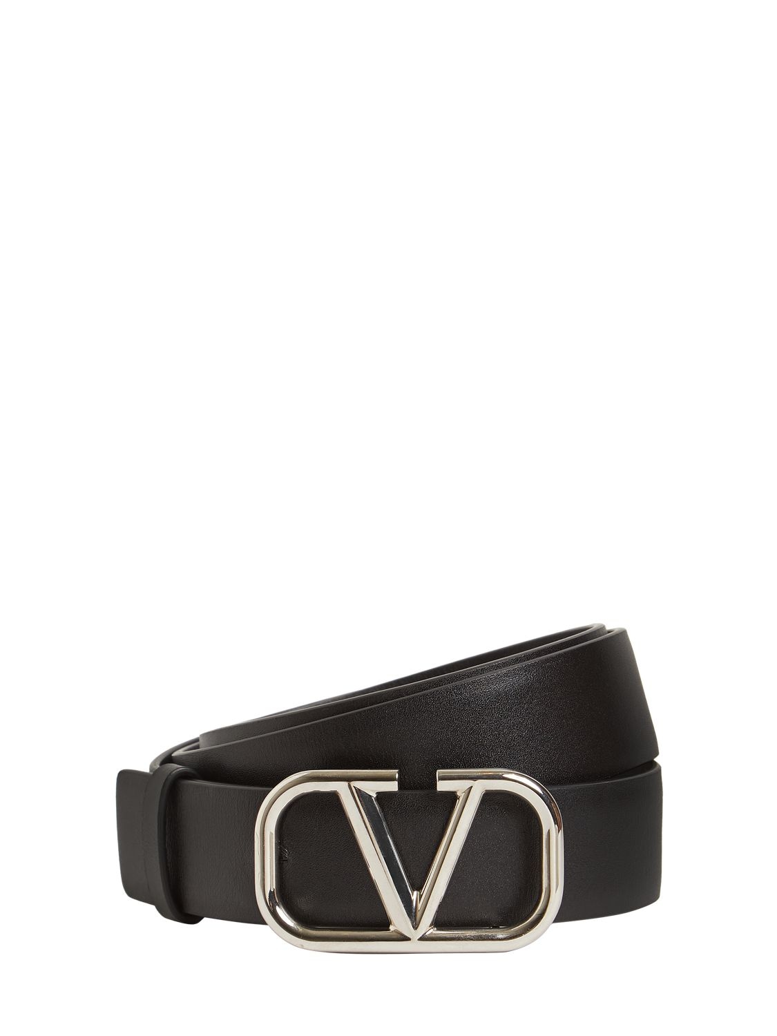 Valentino Garavani 30mm Leather Belt W/ V Logo Buckle In Black