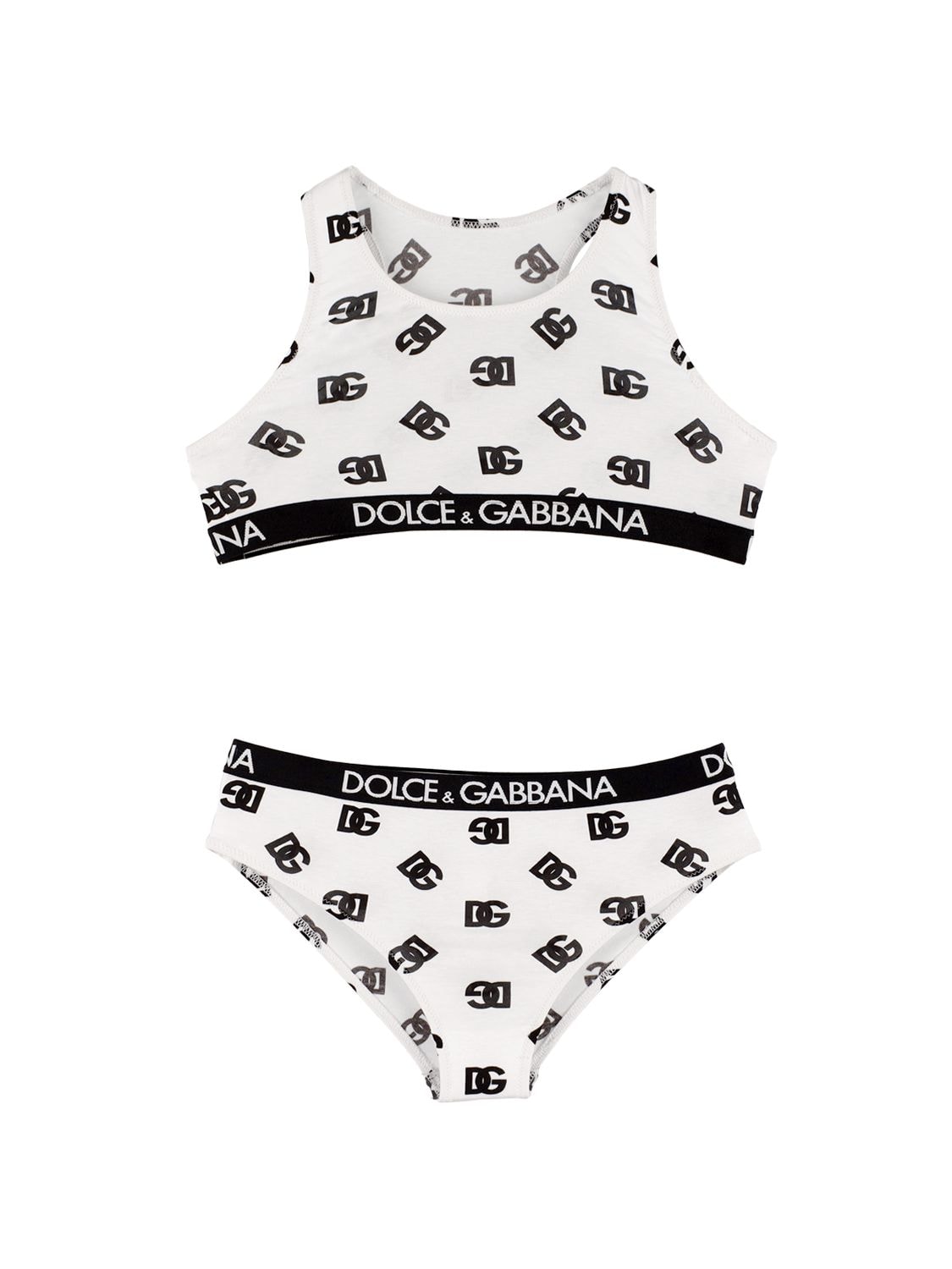 Dolce & Gabbana Kids' Monogram Print Cotton Blend Bra & Briefs In White