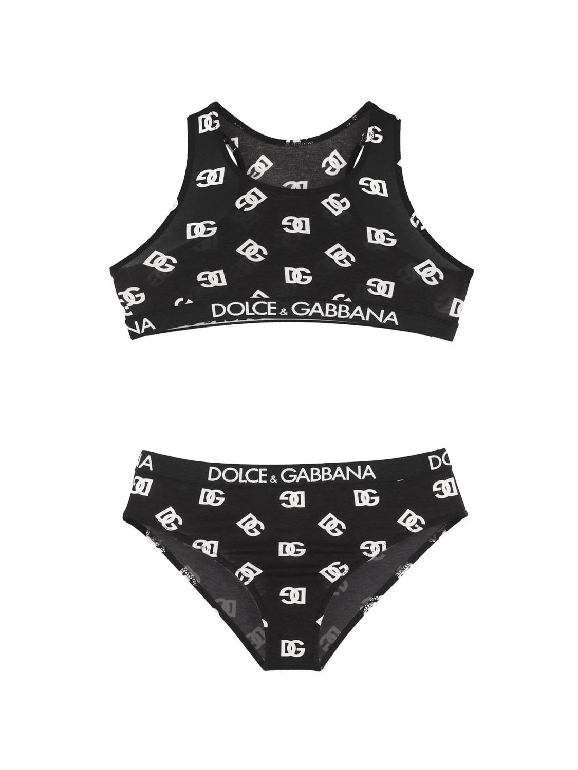 Dolce & Gabbana Kids' Monogram Print Cotton Blend Bra & Briefs In Black