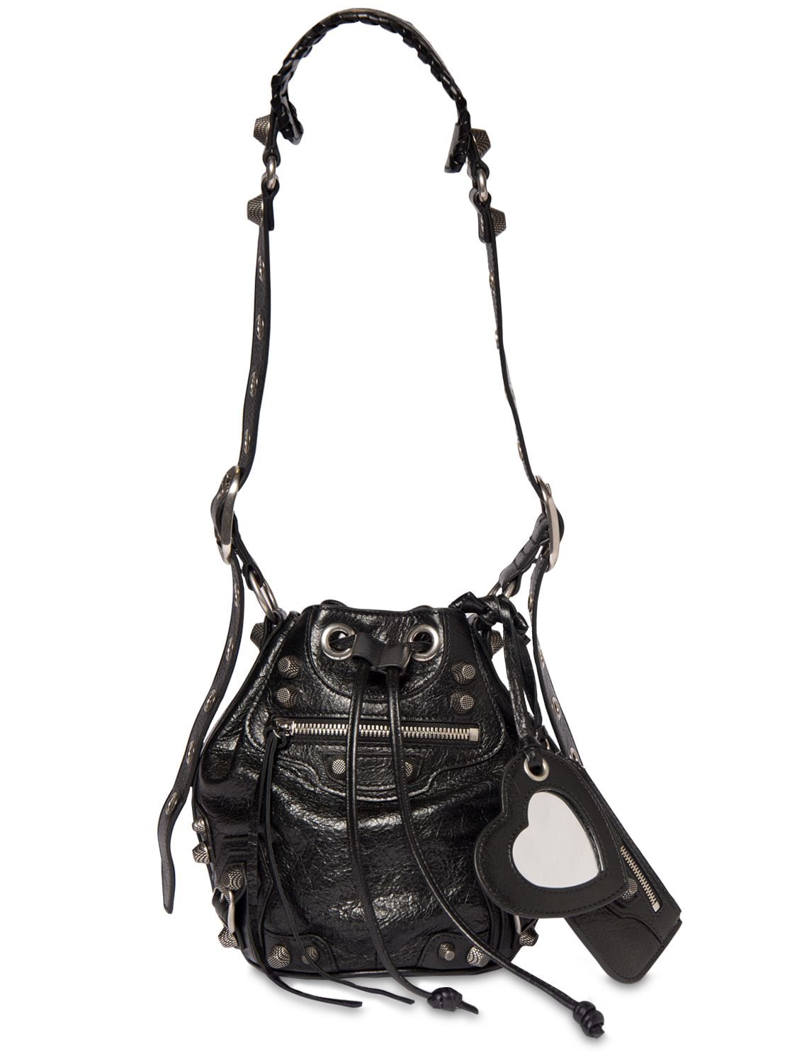 Balenciaga Le Cagole Xs Studded Crinkled-leather Bucket Bag In Black