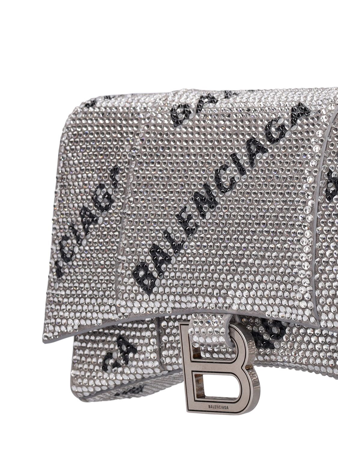 Shop Balenciaga Hourglass Logo Strass Chain Wallet In Silver,black